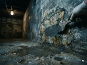 Betonnen keldermuur behandeld met waterproofing sealant, dikke kwast smeert grijze coating over vochtvlekken, plassen water op ruwe vloer.