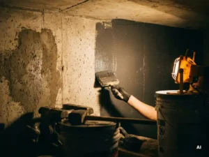 Betonnen keldermuur ingesmeerd met grijze waterproofing sealant, applicatorkwast halverwege een streek zichtbaar bij werklamp.
