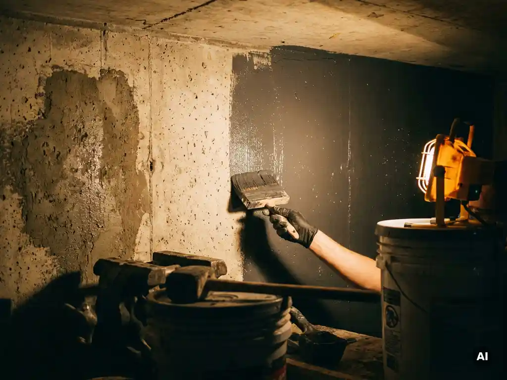 Betonnen keldermuur ingesmeerd met grijze waterproofing sealant, applicatorkwast halverwege een streek zichtbaar bij werklamp.
