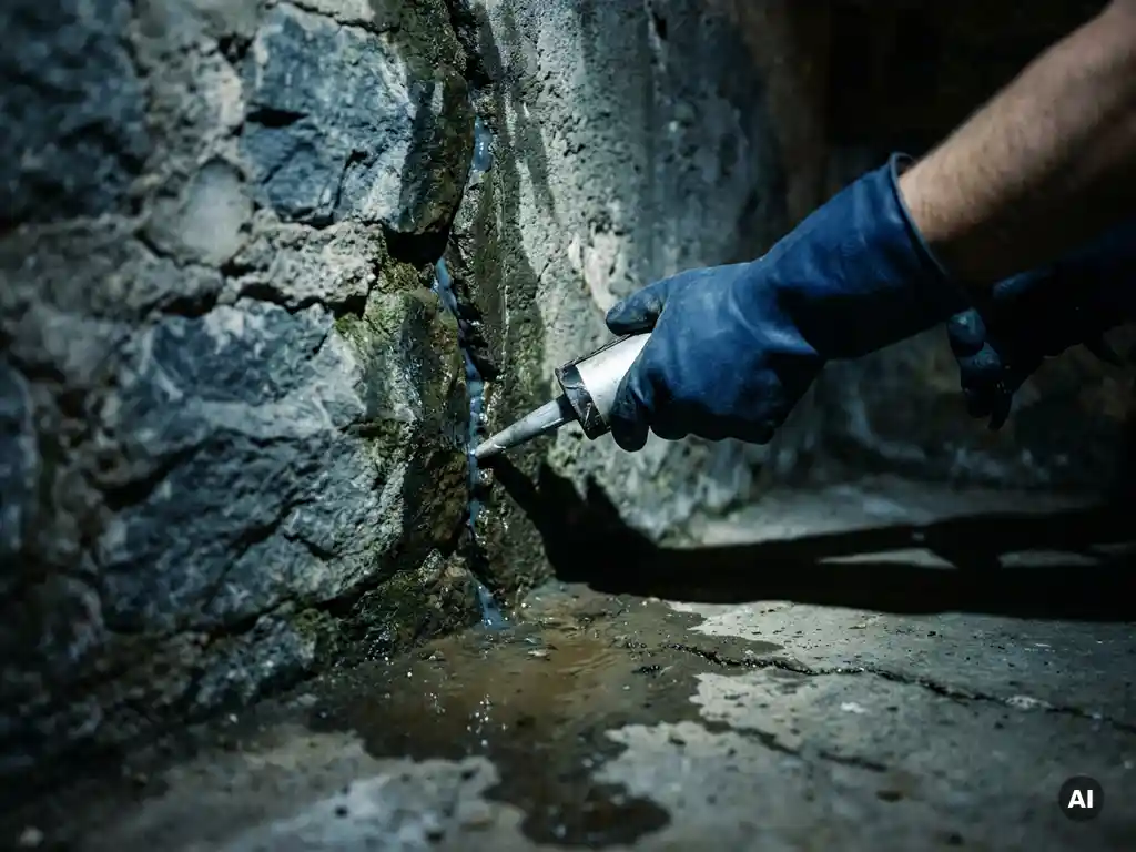 Rubberen gehandschoende hand die waterdichte kit aanbrengt op een natte scheur in een betonnen keldermuur met vochtplas op de vloer.