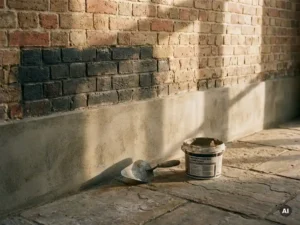 Verweerde bakstenen muur na professionele waterdichtingsbehandeling, met metselspaan en compound op stenen vloer in warm middaglicht.