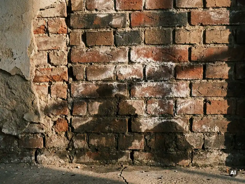 Verweerde bakstenen muur met opstijgend vocht, witte zoutuitbloei en afbrokkelend pleisterwerk in dramatisch zijlicht.