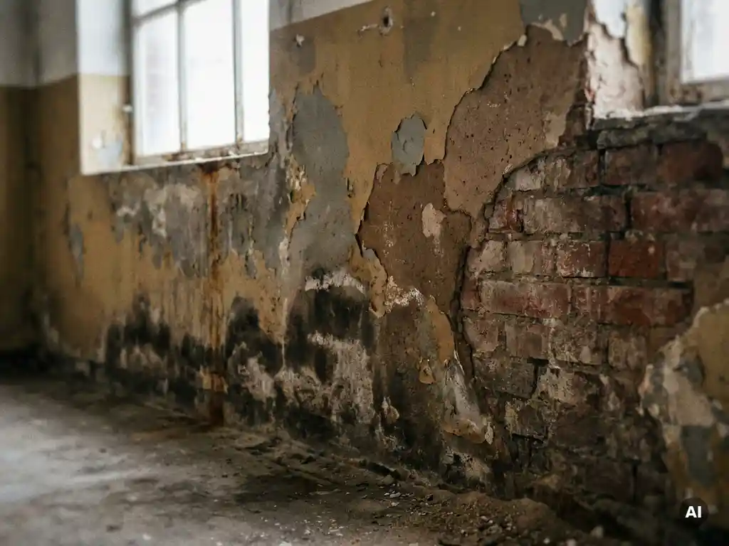 Afbladderende muurverf en opkomend vocht op verweerde binnenmuur met zichtbare bakstenen en beschadigd pleisterwerk.