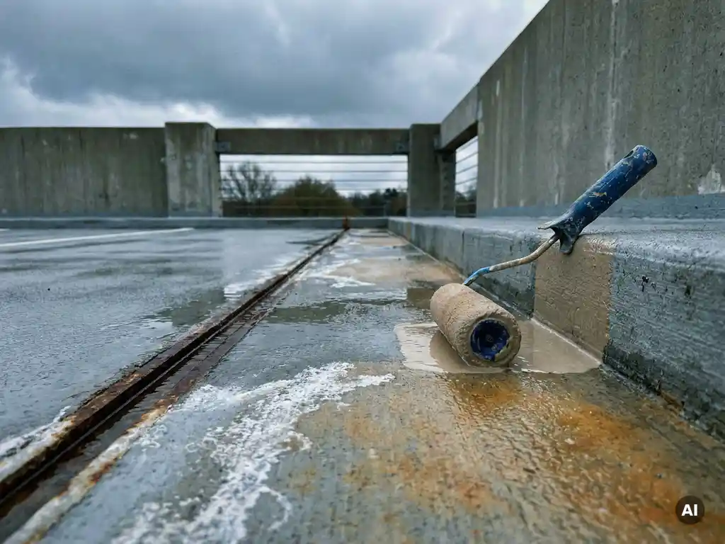 Verweringsschade op natte parkeergaragevloer met zoutresten, waterplassen bij betonvoeg en applicatierol voor beschermende coating.