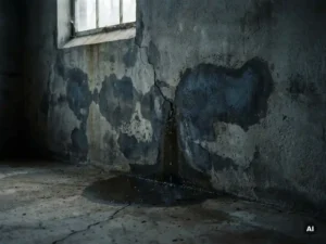 Regenwater dat door een gebarsten betonnen muur sijpelt, met donkere vochtvlekken en een plas op de verweerde vloer.