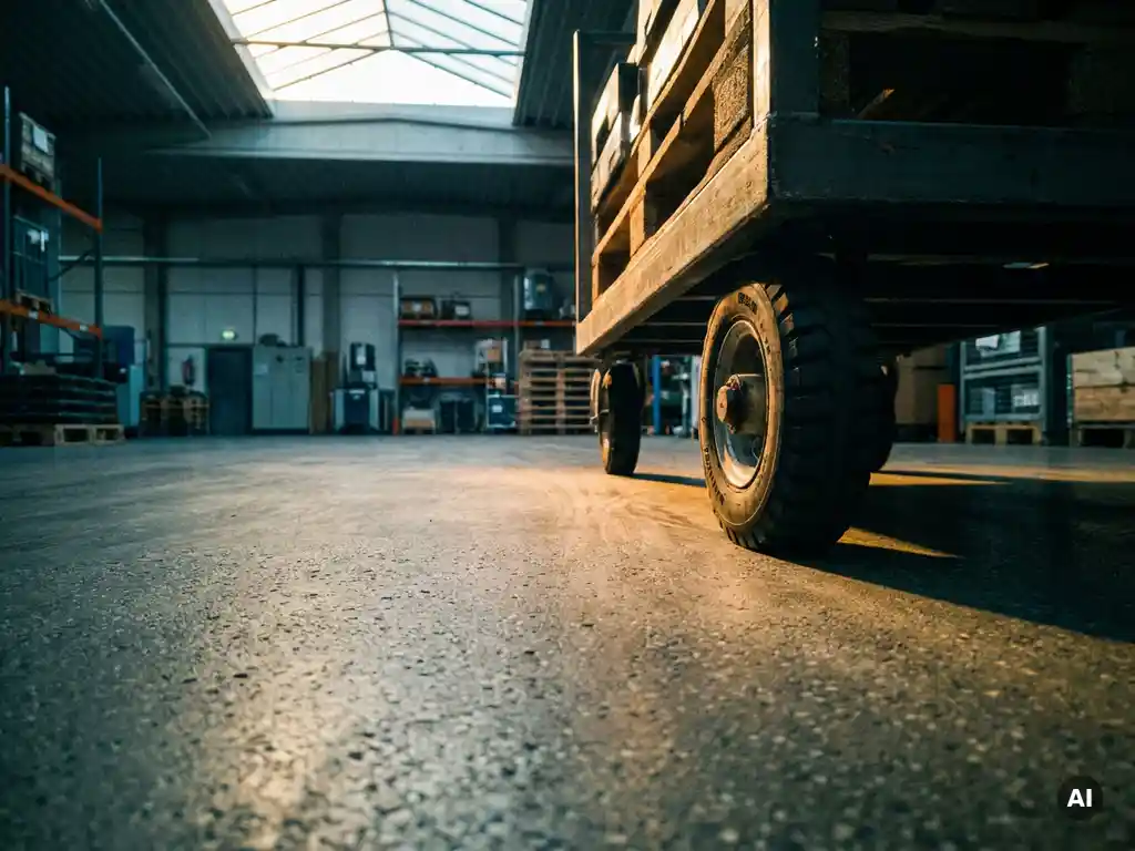 Stalen palletwagen wiel op gepolijste betonvloer in magazijn met raking licht en industriële bovenlichten.