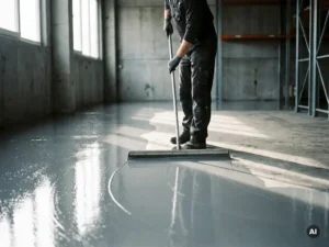 Vakman die epoxy coating aanbrengt op betonvloer met een brede trekker in industrieel magazijn.