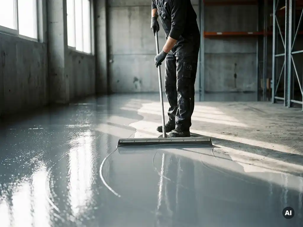 Vakman die epoxy coating aanbrengt op betonvloer met een brede trekker in industrieel magazijn.