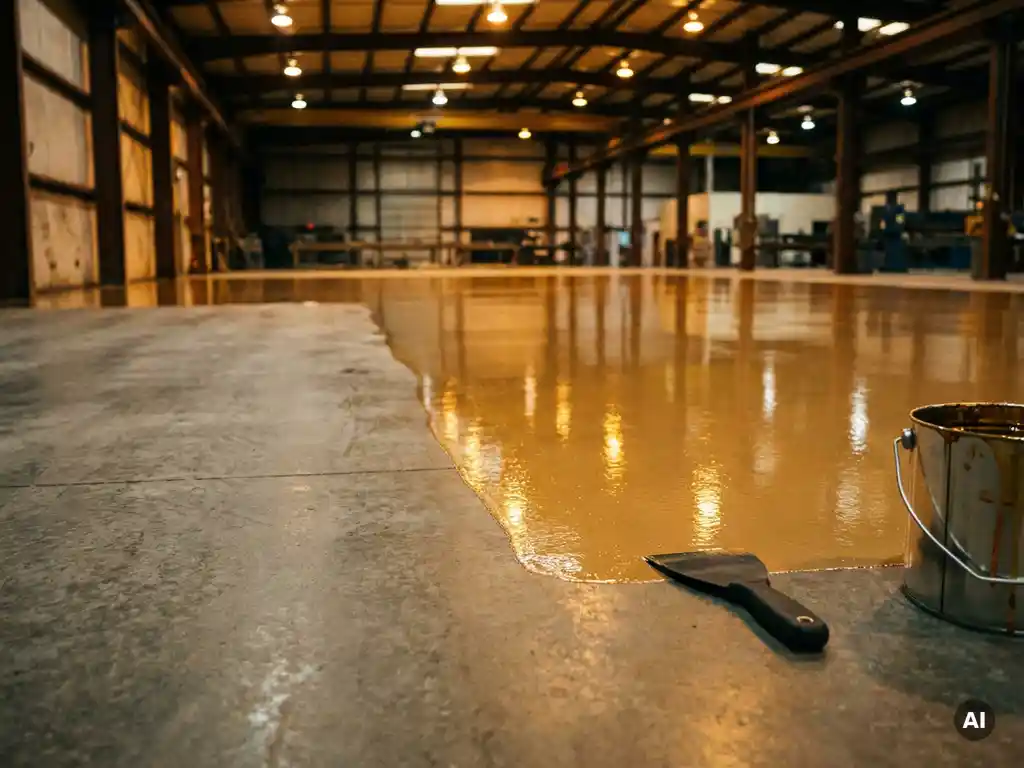 Industriële betonvloer half mat, half glanzend epoxy afgewerkt, met spatel en mengemmer aan de rand in warm fabrieksli­cht.