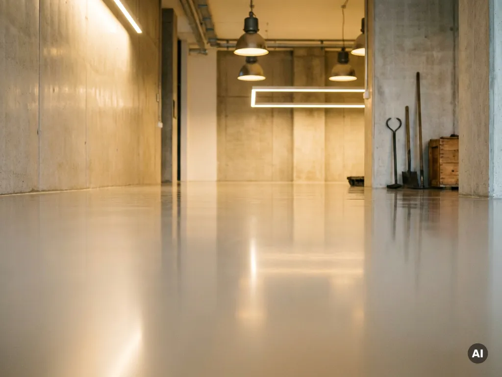 Glanzende naadloze resinvloer in moderne commerciële ruimte met warme industriële verlichting en betonnen wanden.