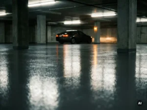 Glanzende epoxyvloer in parkeergarage met spiegelend oppervlak, geparkeerde auto en betonnen pilaren onder tl-verlichting.