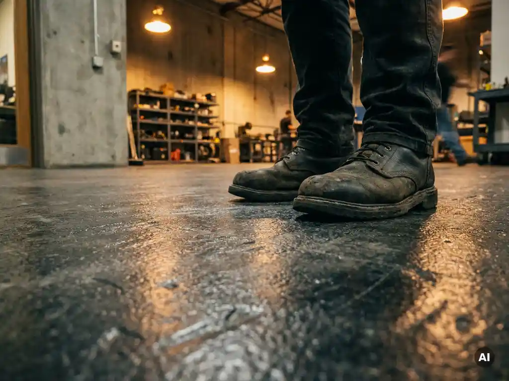 Versleten werkschoenen op glanzende synthetische industriële vloer, betonnen muren en stalen schappen op de achtergrond.