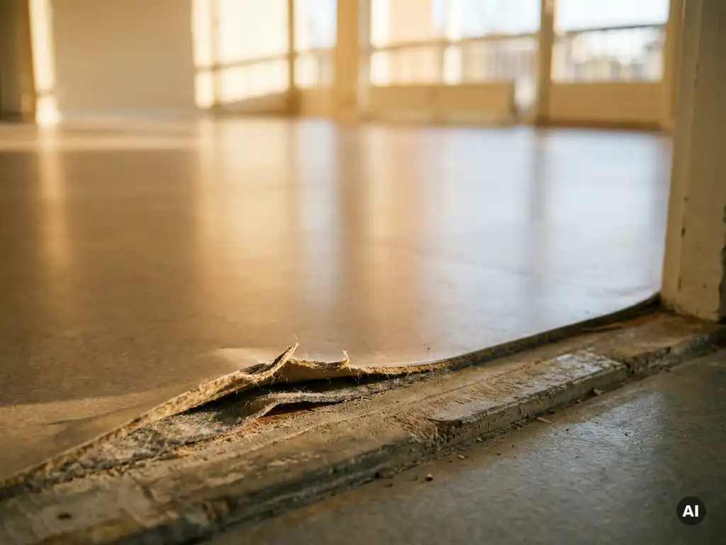 Synthetische vloer met gladde textuur in warm beige en grijs, versleten rand bij betonnen drempel in zacht middaglicht.