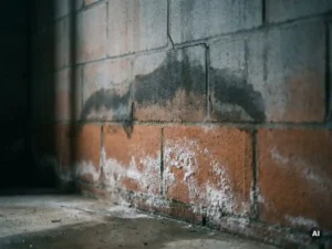 Bakstenen muur met witte zoutuitslag onderaan en donkere vochtplek bij een haarscheurtje bovenaan.