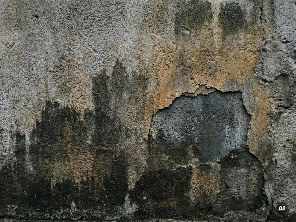Verweerde betonmuur met opstijgend vocht, donkere vochtplekken en afbrokkelend pleisterwerk dat grijs beton onthult.