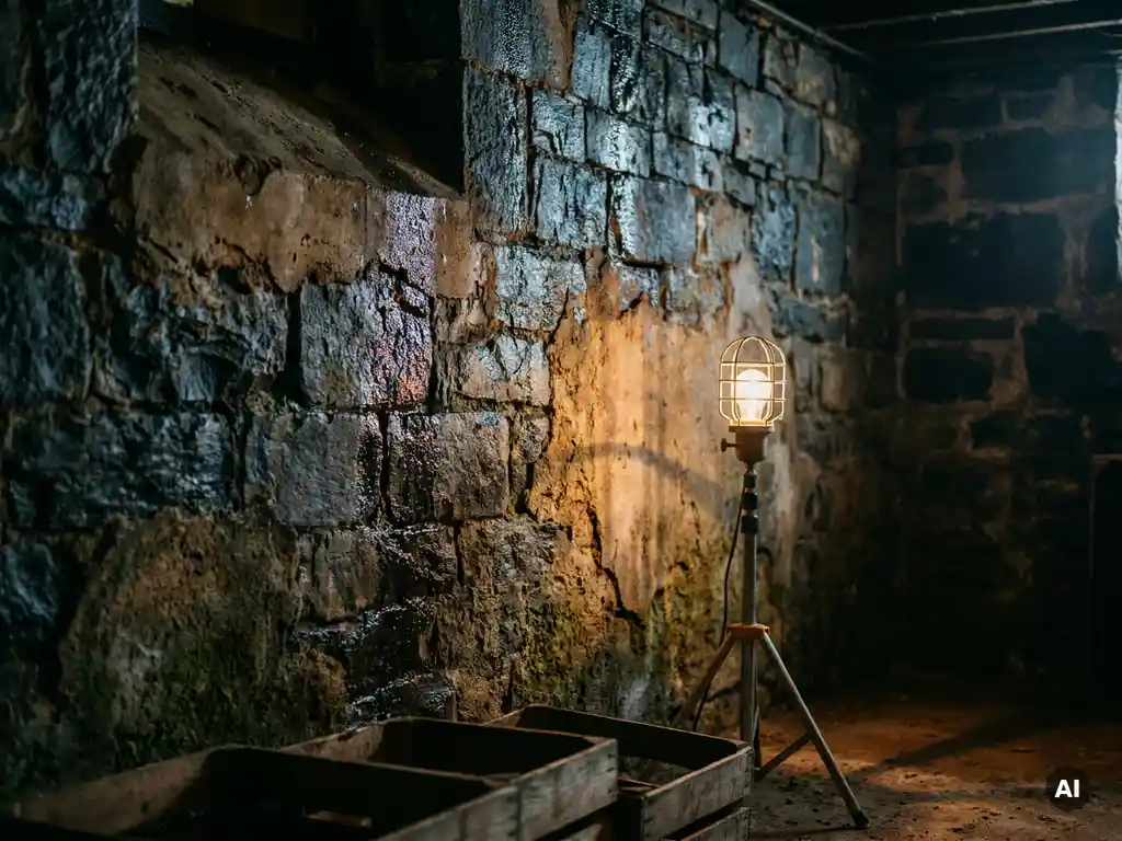 Vochtige stenen keldermuur met waterdruppels op ruw beton, verlicht door een werklamp die warm amberkleurig licht verspreidt.