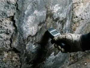 Vochtmeter tegen vochtige keldermmuur met witte zoutuitbloei op verweerd beton, gemeten door gehandschoende hand.