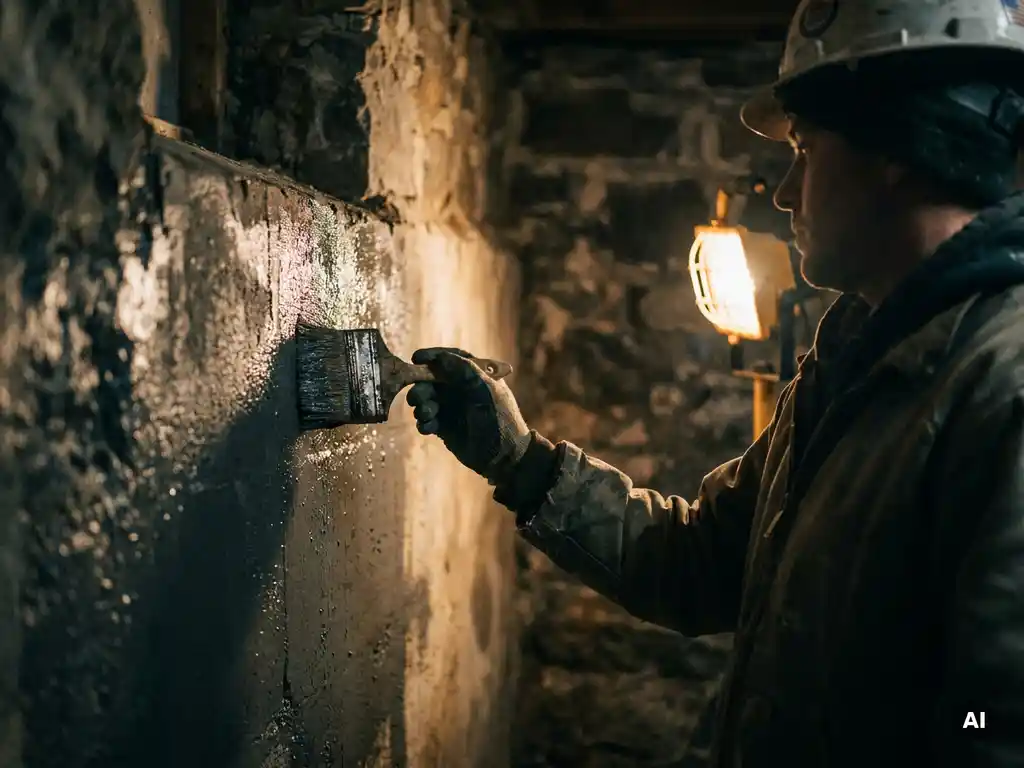 Bouwvakker die grijze waterdichtingsmiddel aanbrengt op een vochtige betonnen kelderwand, verlicht door een werklamp.