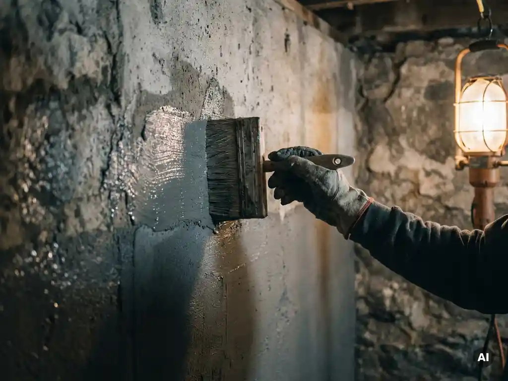 Gehandschoende hand die grijze waterdichtingsmiddel aanbrengt op ruwe betonnen keldermuur met kwast, vochtdruppels zichtbaar op steen.