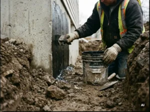 Bouwvakker brengt zwart waterdichtingsmembraan aan op betonnen funderingsmuur in uitgegraven sleuf met donkere aarde.