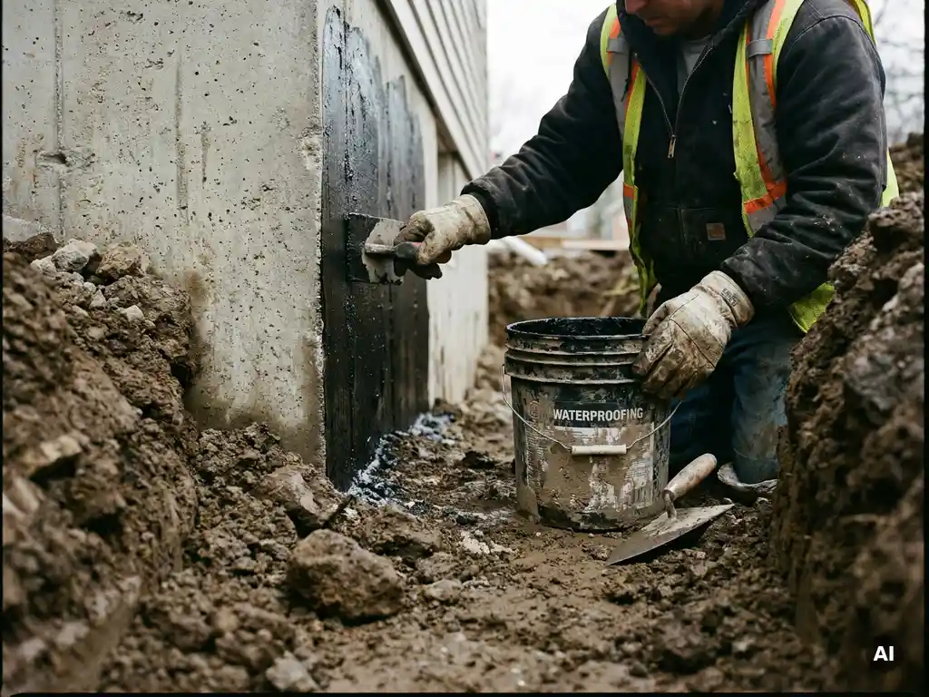 Bouwvakker brengt zwart waterdichtingsmembraan aan op betonnen funderingsmuur in uitgegraven sleuf met donkere aarde.