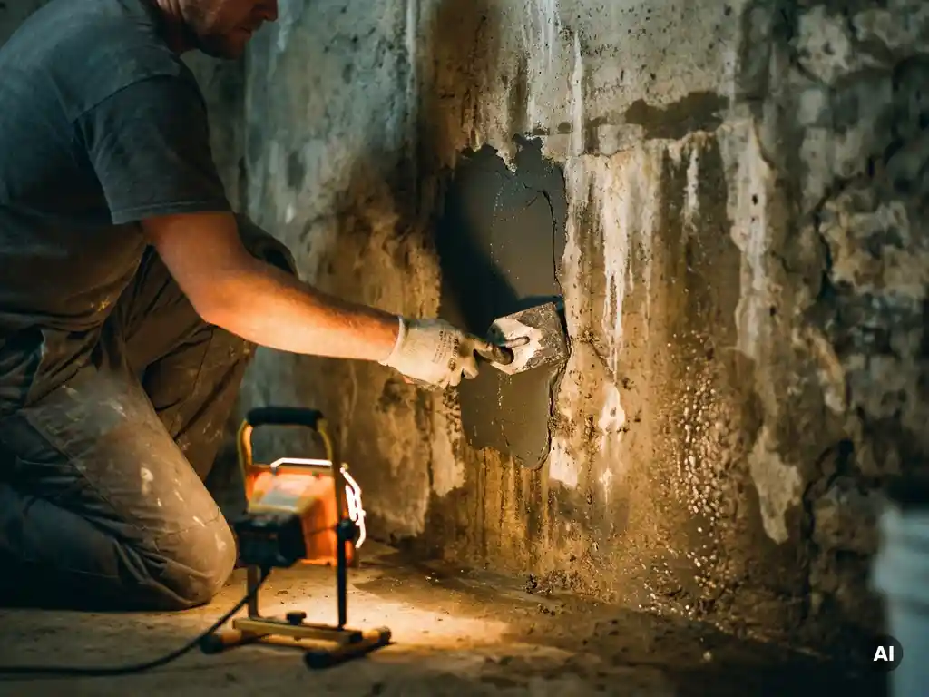 Waterproofingspecialist brengt grijze afdichtingscoating aan op vochtige betonnen keldermuur met kalkafzettingen en vochtsporen.